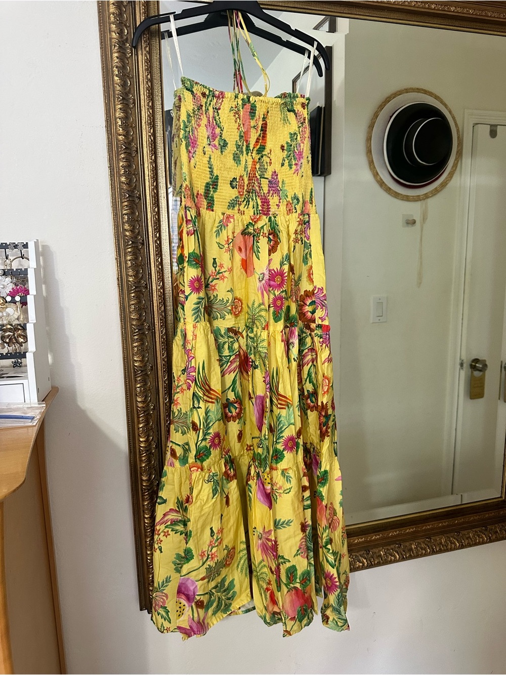FARM Rio Yellow Tropical Floral & Fruit Tiered Maxi Dress with Pink Accents - Picture 8 of 9